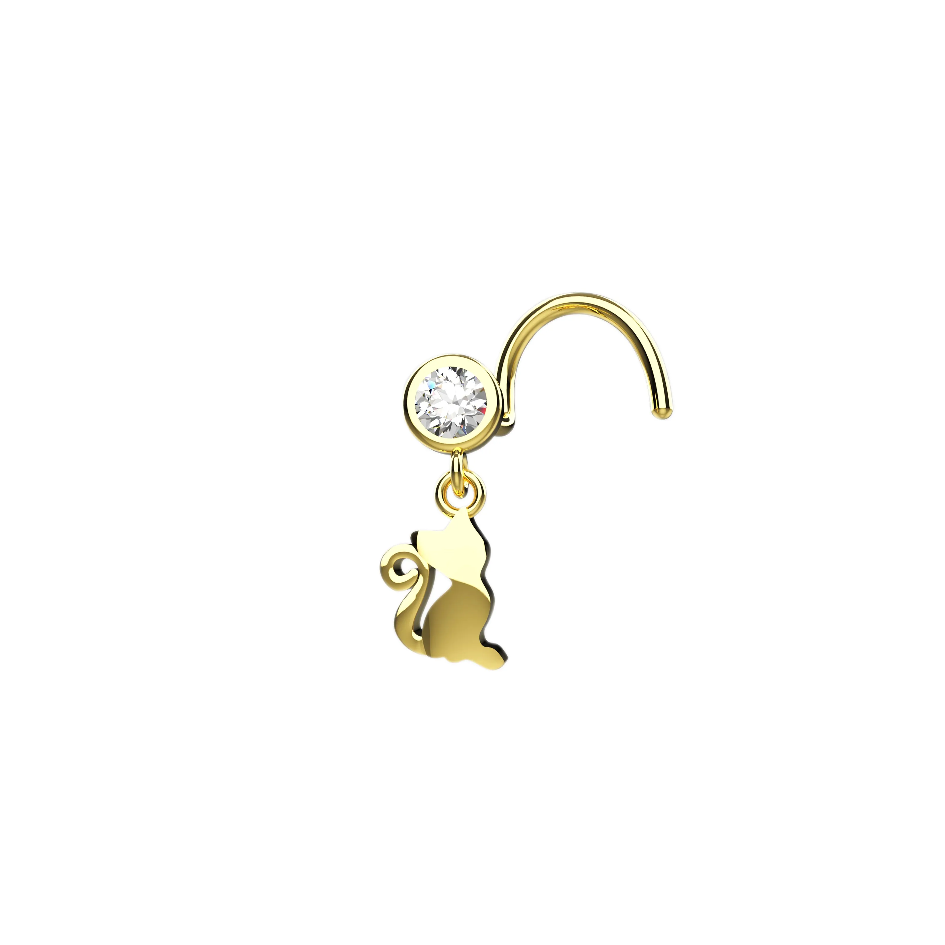 Dangling Kitty Gold Plated 925 Silver Plan Metal Nose Piercing