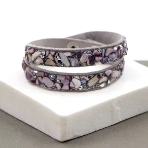 Double wrap faux suede bracelet with encrusted stones and popper stud fastener