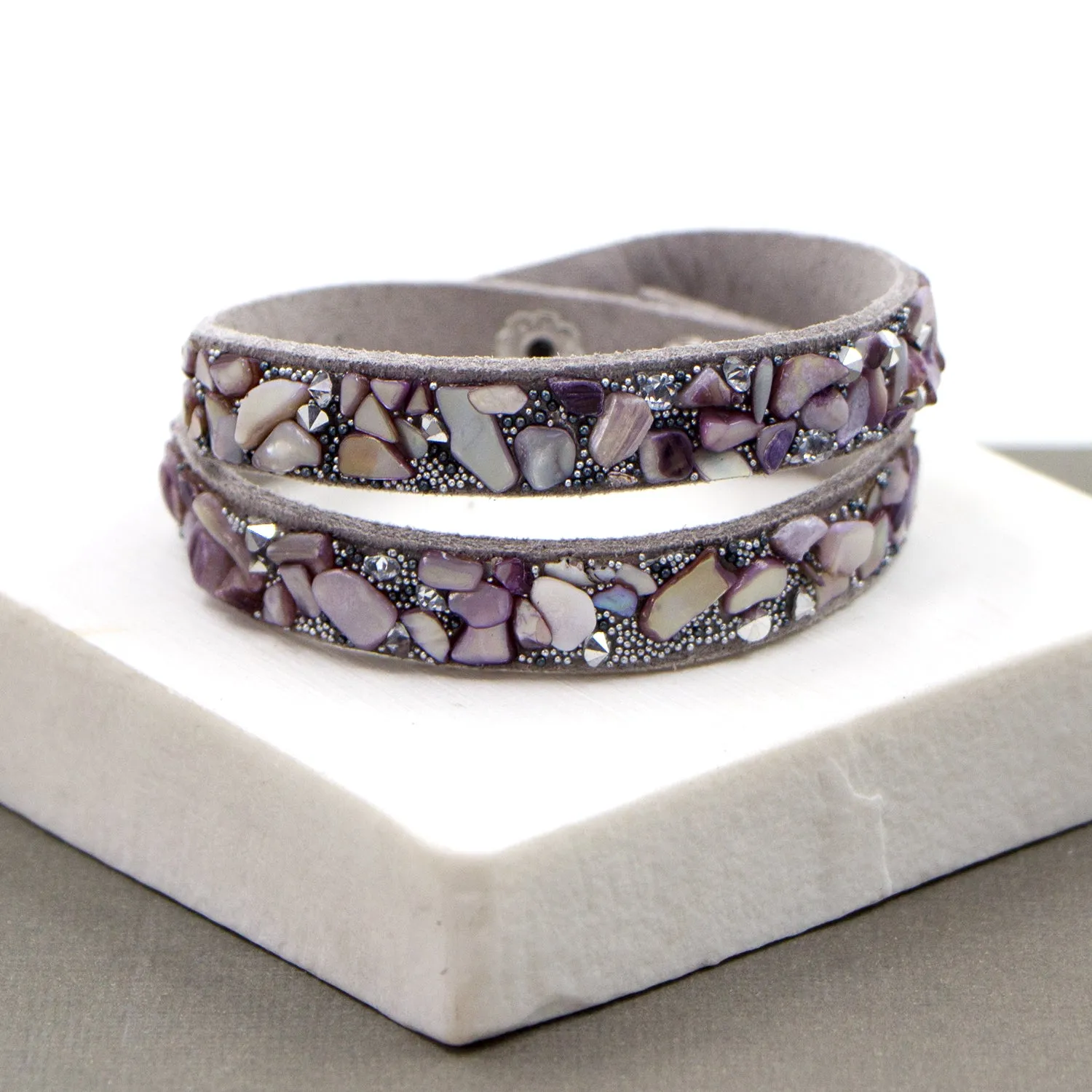 Double wrap faux suede bracelet with encrusted stones and popper stud fastener