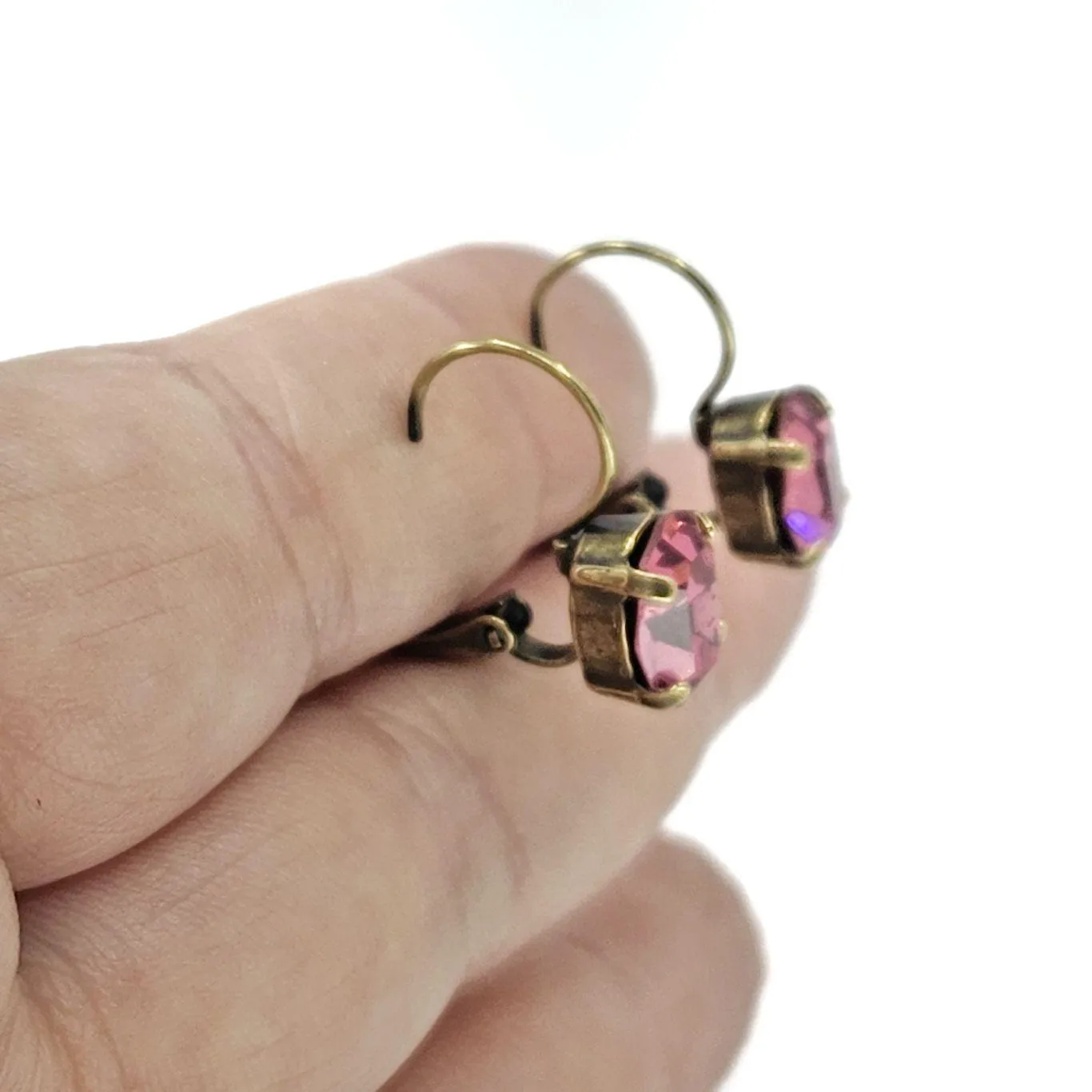 Earrings - Dark Rose - Brass Fixed Vintage Rhinestone Leverbacks by Christine Stoll | Altered Relics