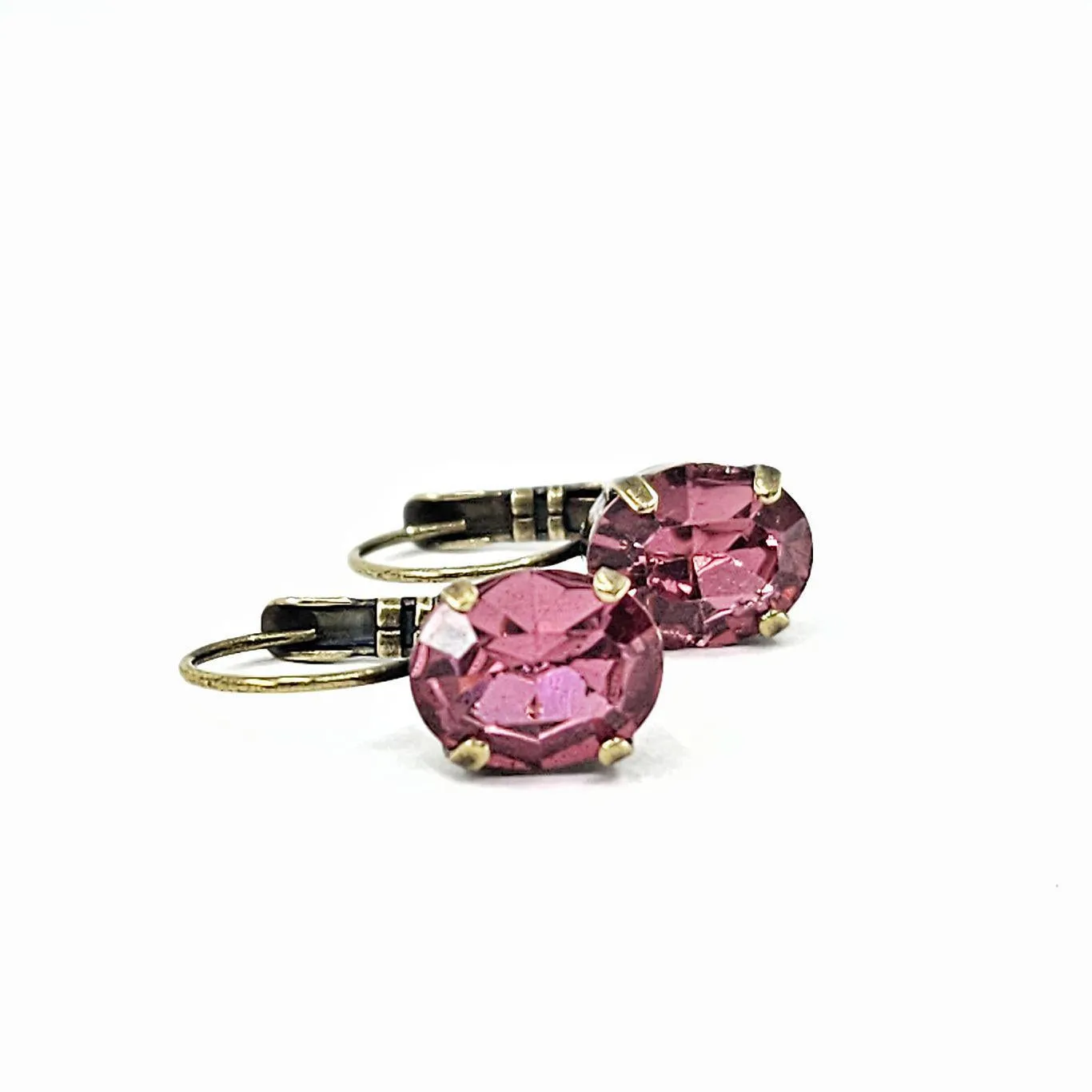 Earrings - Dark Rose - Brass Fixed Vintage Rhinestone Leverbacks by Christine Stoll | Altered Relics
