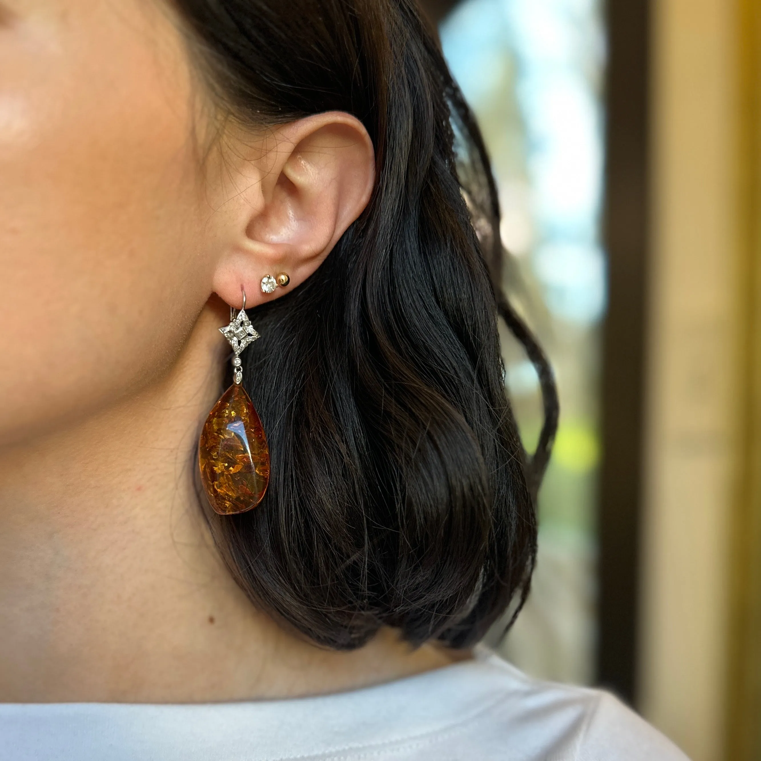 Estate 14KT White Gold  Diamond   Amber Nugget Lever Back Earrings