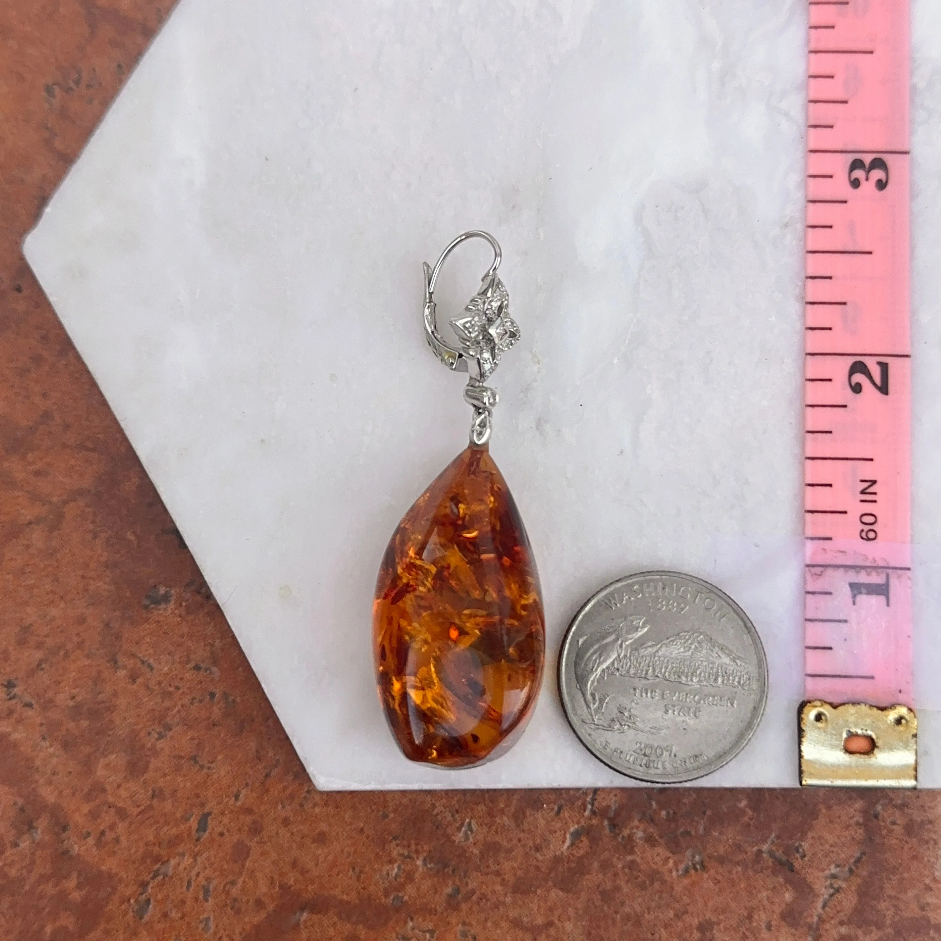 Estate 14KT White Gold  Diamond   Amber Nugget Lever Back Earrings