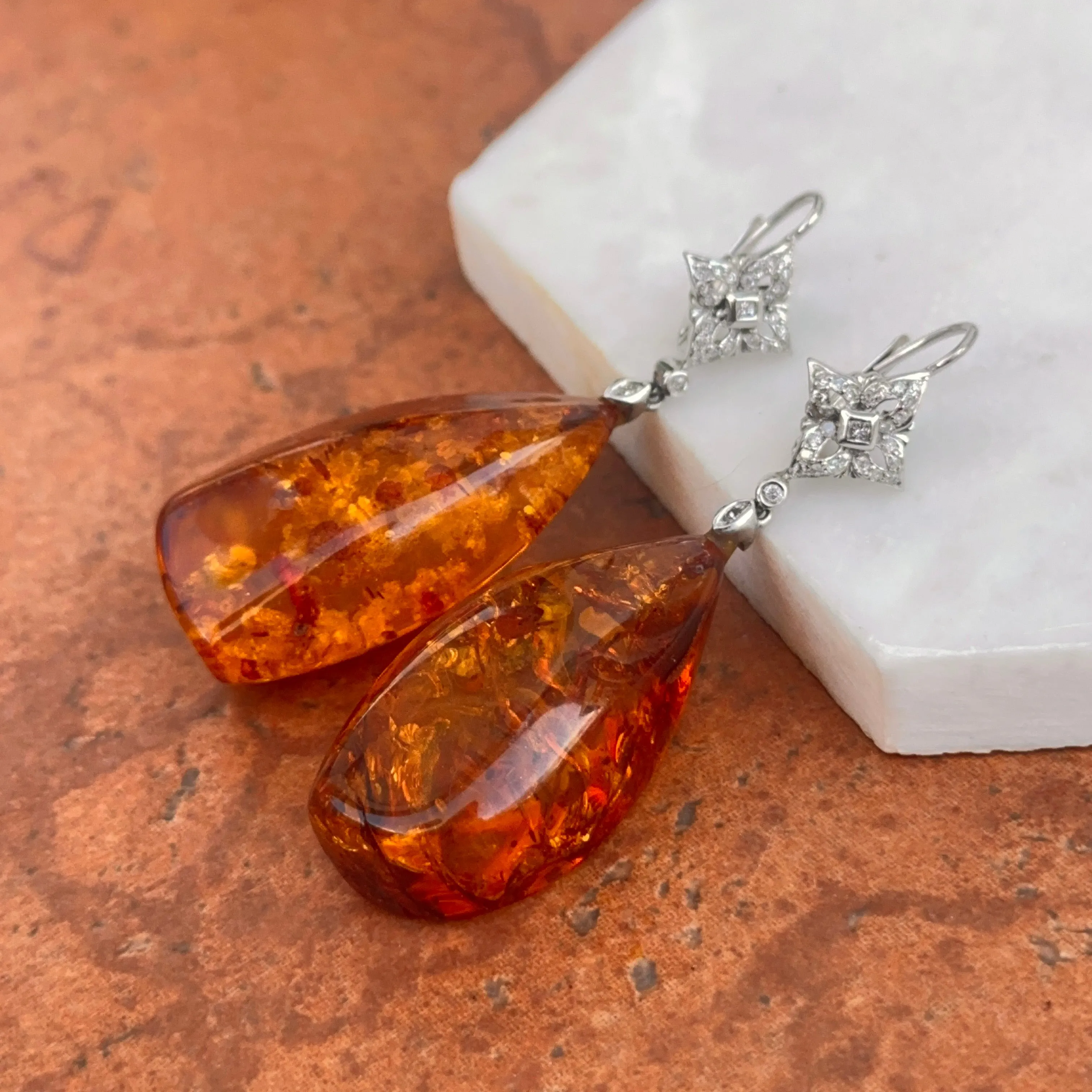 Estate 14KT White Gold  Diamond   Amber Nugget Lever Back Earrings