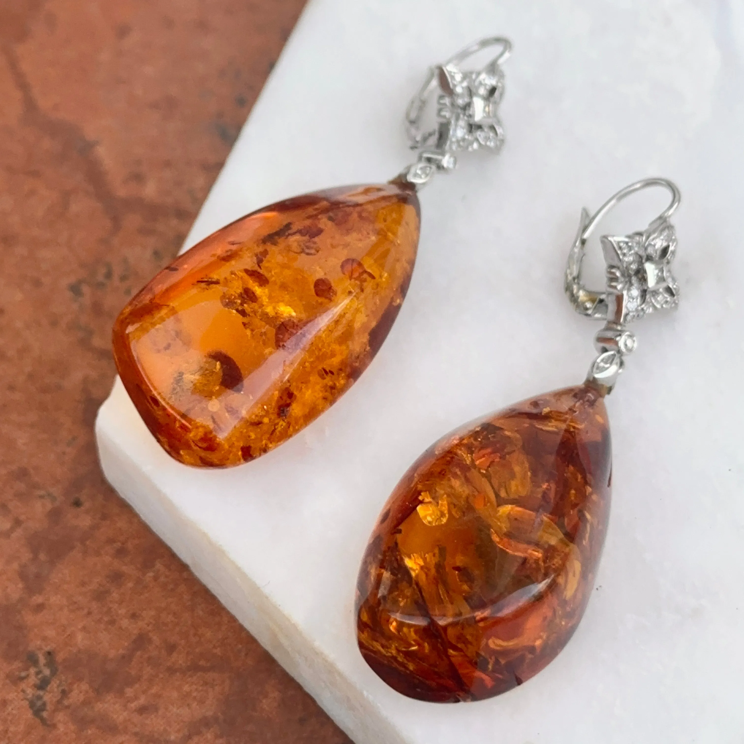 Estate 14KT White Gold  Diamond   Amber Nugget Lever Back Earrings