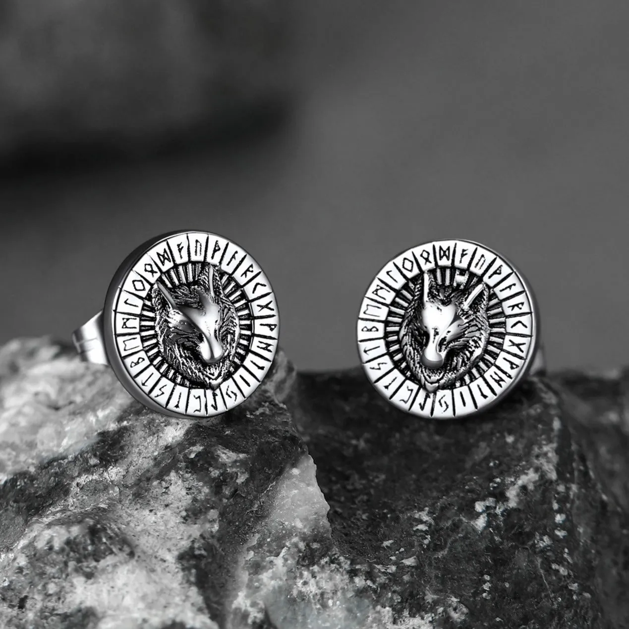 Flash Sale Sterling Silver Viking Wolf Head Stud Earrings with Runes For Men