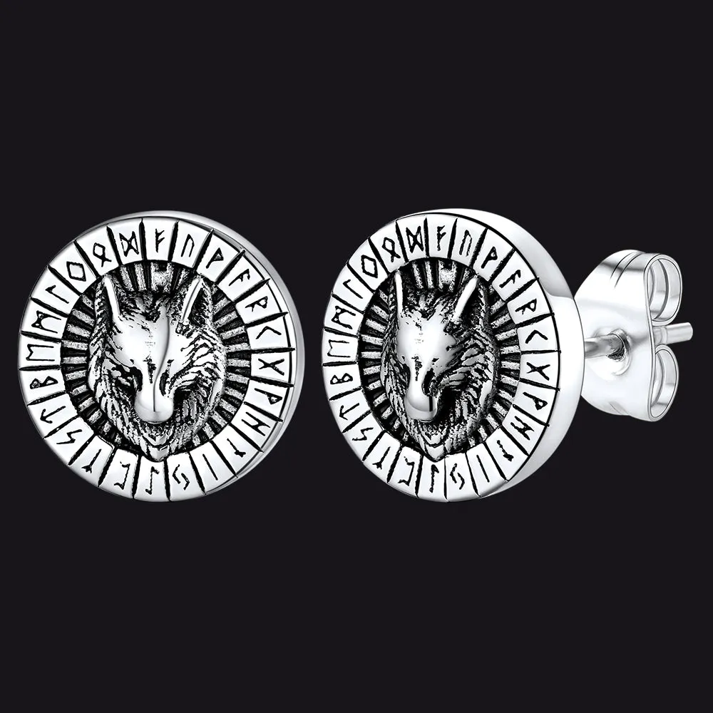 Flash Sale Sterling Silver Viking Wolf Head Stud Earrings with Runes For Men