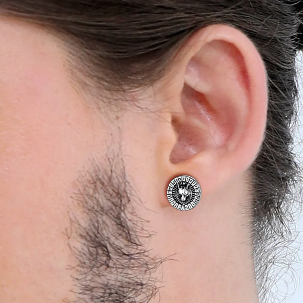 Flash Sale Sterling Silver Viking Wolf Head Stud Earrings with Runes For Men