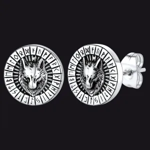 Flash Sale Sterling Silver Viking Wolf Head Stud Earrings with Runes For Men