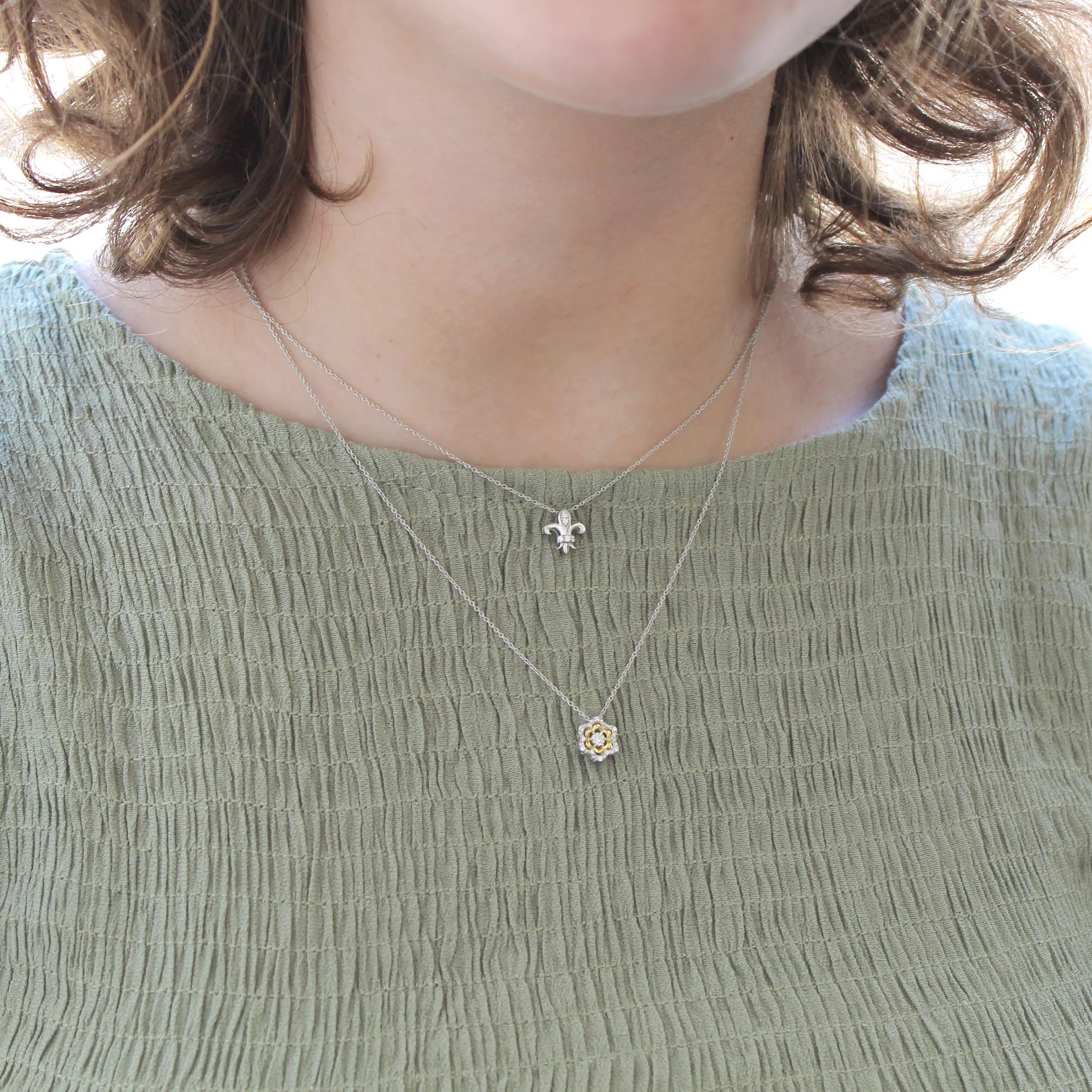 Fleur De Lis and Flower Layered 1/10 Cttw Natural Diamond Pendant Necklace set in 925 Sterling (Silver & Yellow Gold)…