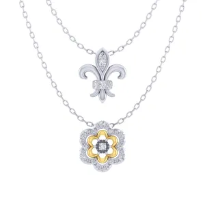 Fleur De Lis and Flower Layered 1/10 Cttw Natural Diamond Pendant Necklace set in 925 Sterling (Silver & Yellow Gold)…