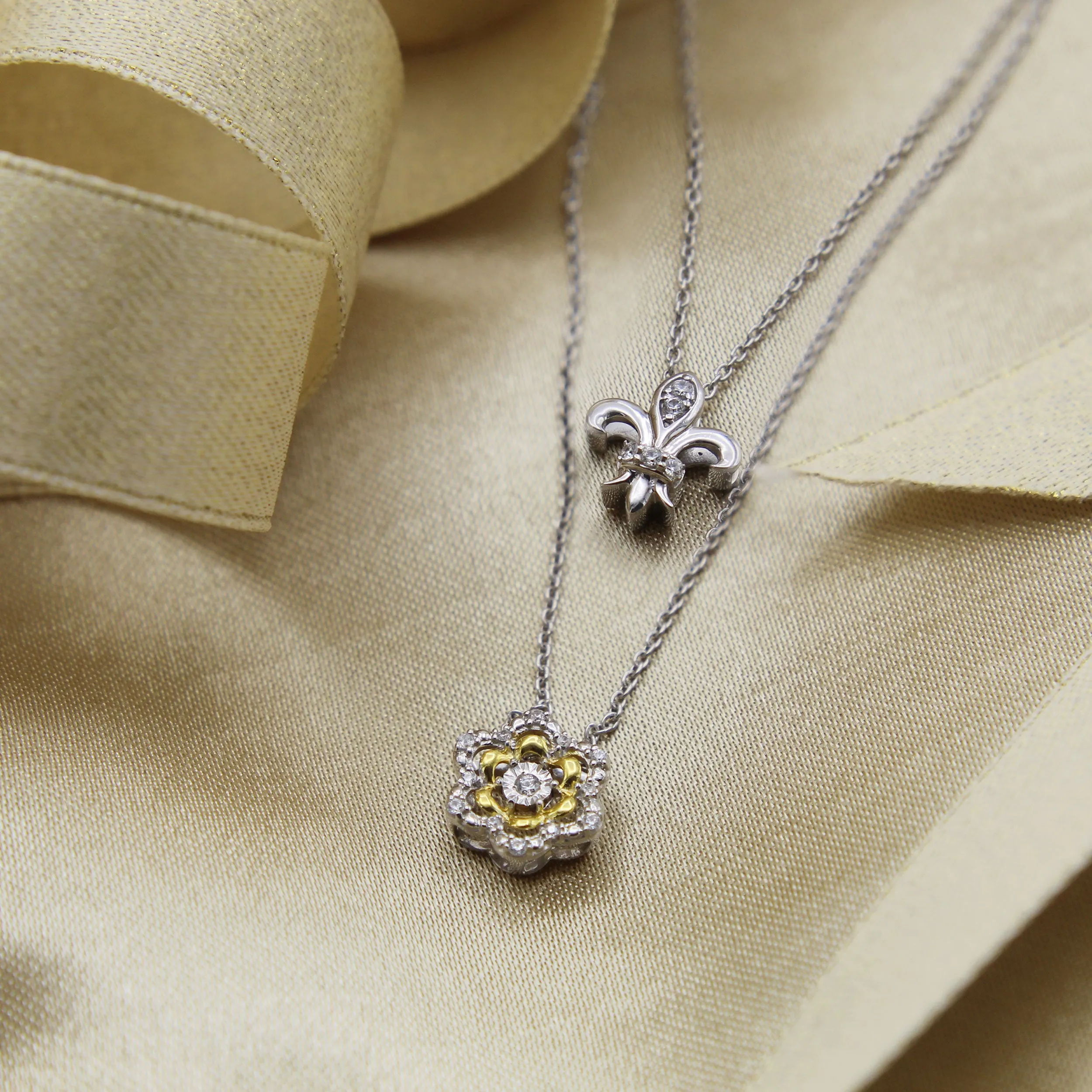 Fleur De Lis and Flower Layered 1/10 Cttw Natural Diamond Pendant Necklace set in 925 Sterling (Silver & Yellow Gold)…