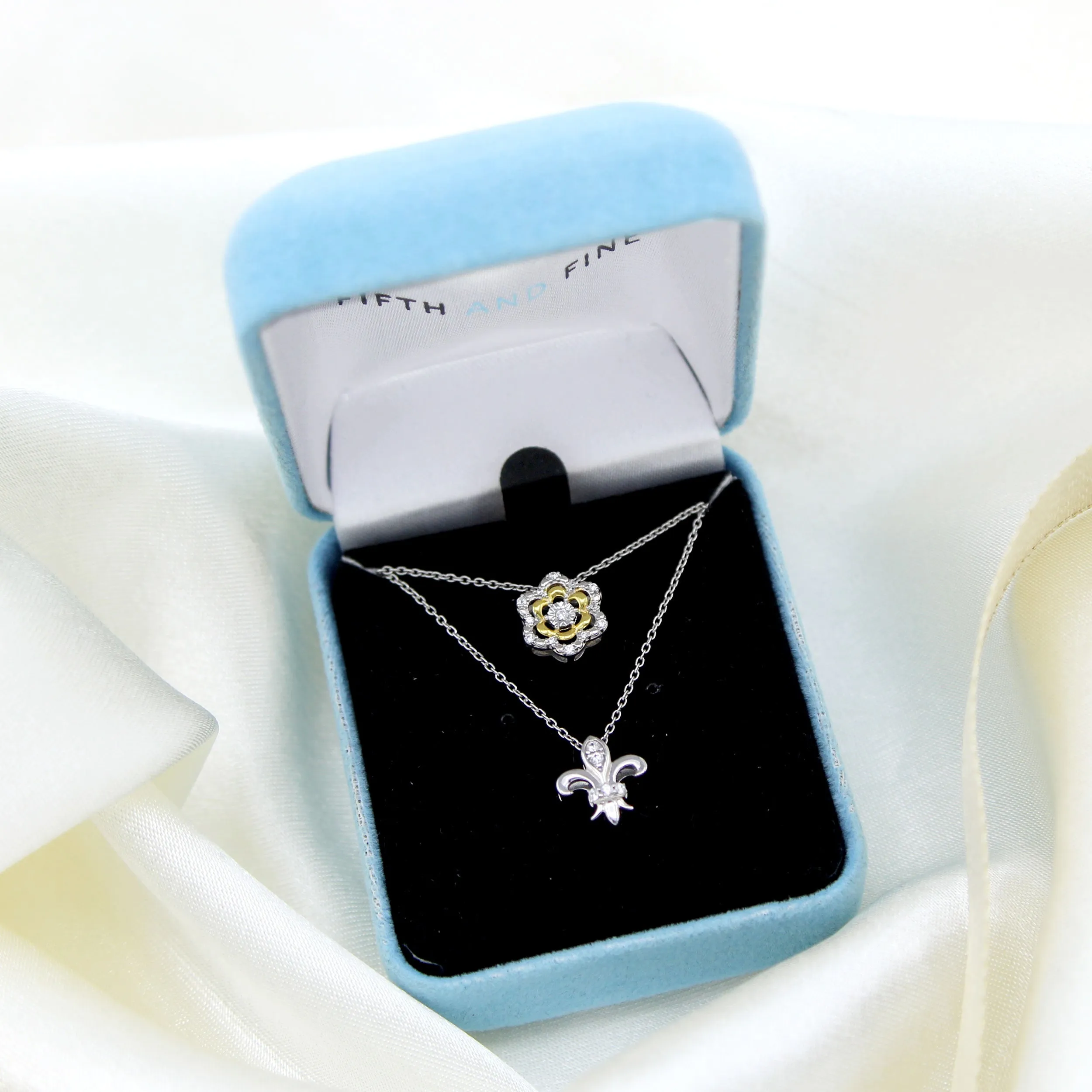 Fleur De Lis and Flower Layered 1/10 Cttw Natural Diamond Pendant Necklace set in 925 Sterling (Silver & Yellow Gold)…
