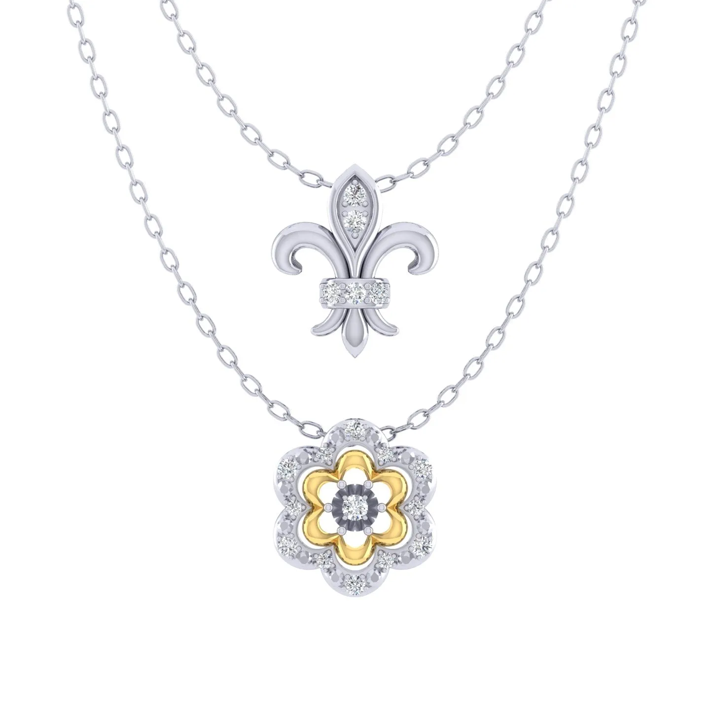 Fleur De Lis and Flower Layered 1/10 Cttw Natural Diamond Pendant Necklace set in 925 Sterling (Silver & Yellow Gold)…