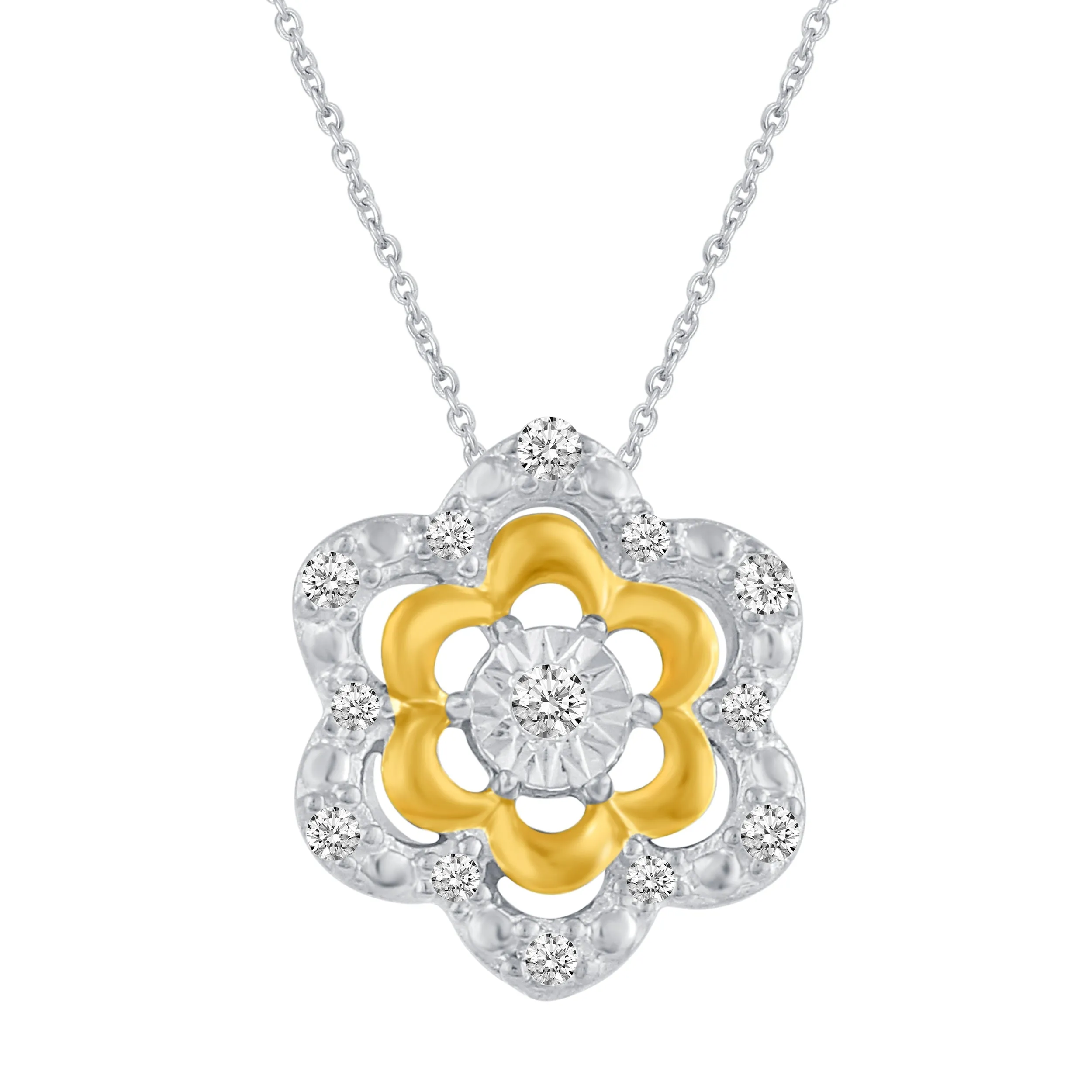 Fleur De Lis and Flower Layered 1/10 Cttw Natural Diamond Pendant Necklace set in 925 Sterling (Silver & Yellow Gold)…