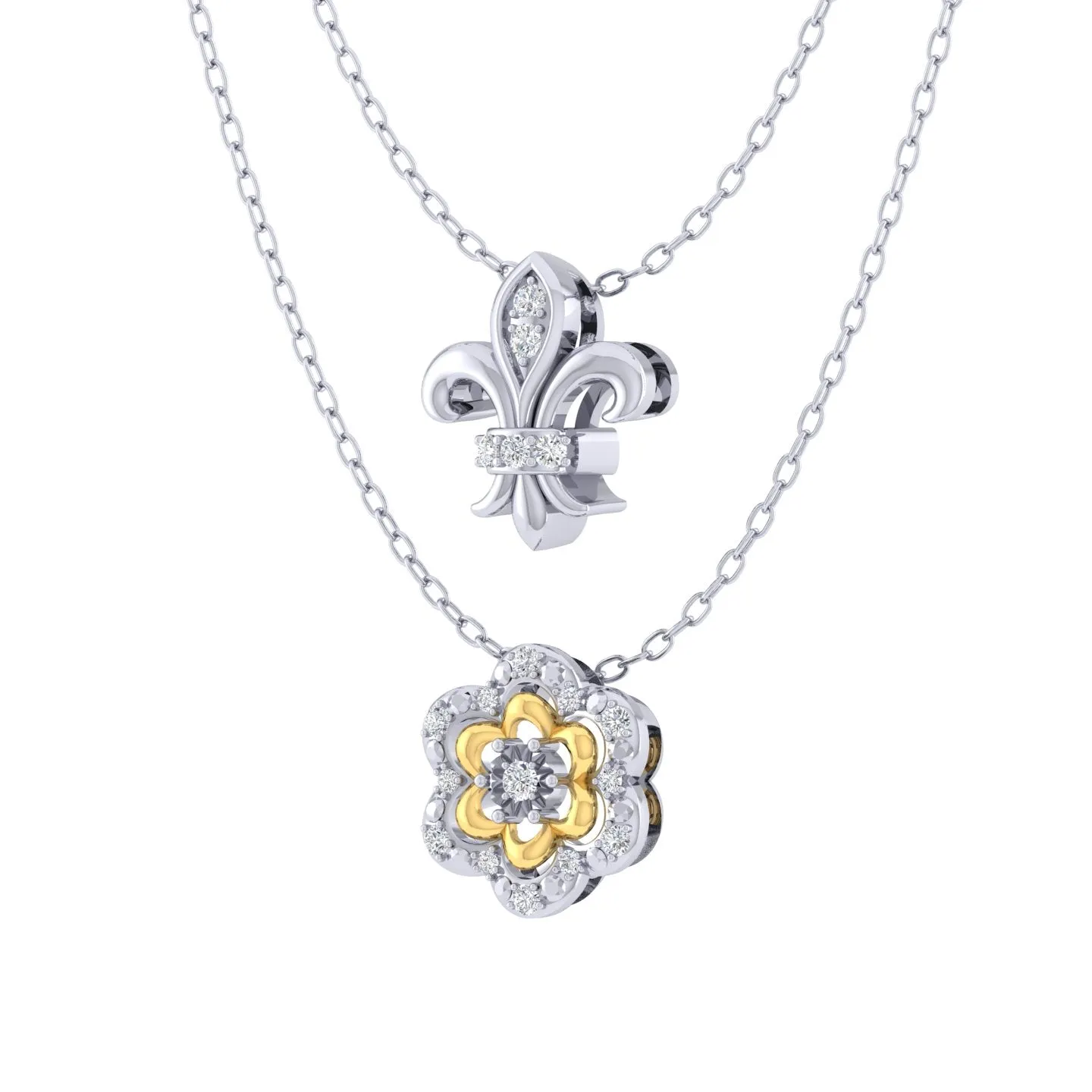 Fleur De Lis and Flower Layered 1/10 Cttw Natural Diamond Pendant Necklace set in 925 Sterling (Silver & Yellow Gold)…