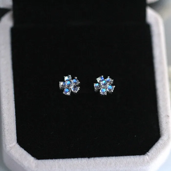 Flower Shaped Moonstone Stud Earrings in White Gold Plated Sterling Silver Jewelry Accessories Women