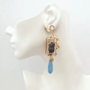 Gazebo Twinset Earrings with Moonstone Studs with Detachable Dangles in a Birdcage Design with Green Agates, Carved Hematite Owls & Light Blue Jade Drops