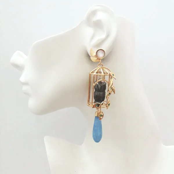 Gazebo Twinset Earrings with Moonstone Studs with Detachable Dangles in a Birdcage Design with Green Agates, Carved Hematite Owls & Light Blue Jade Drops