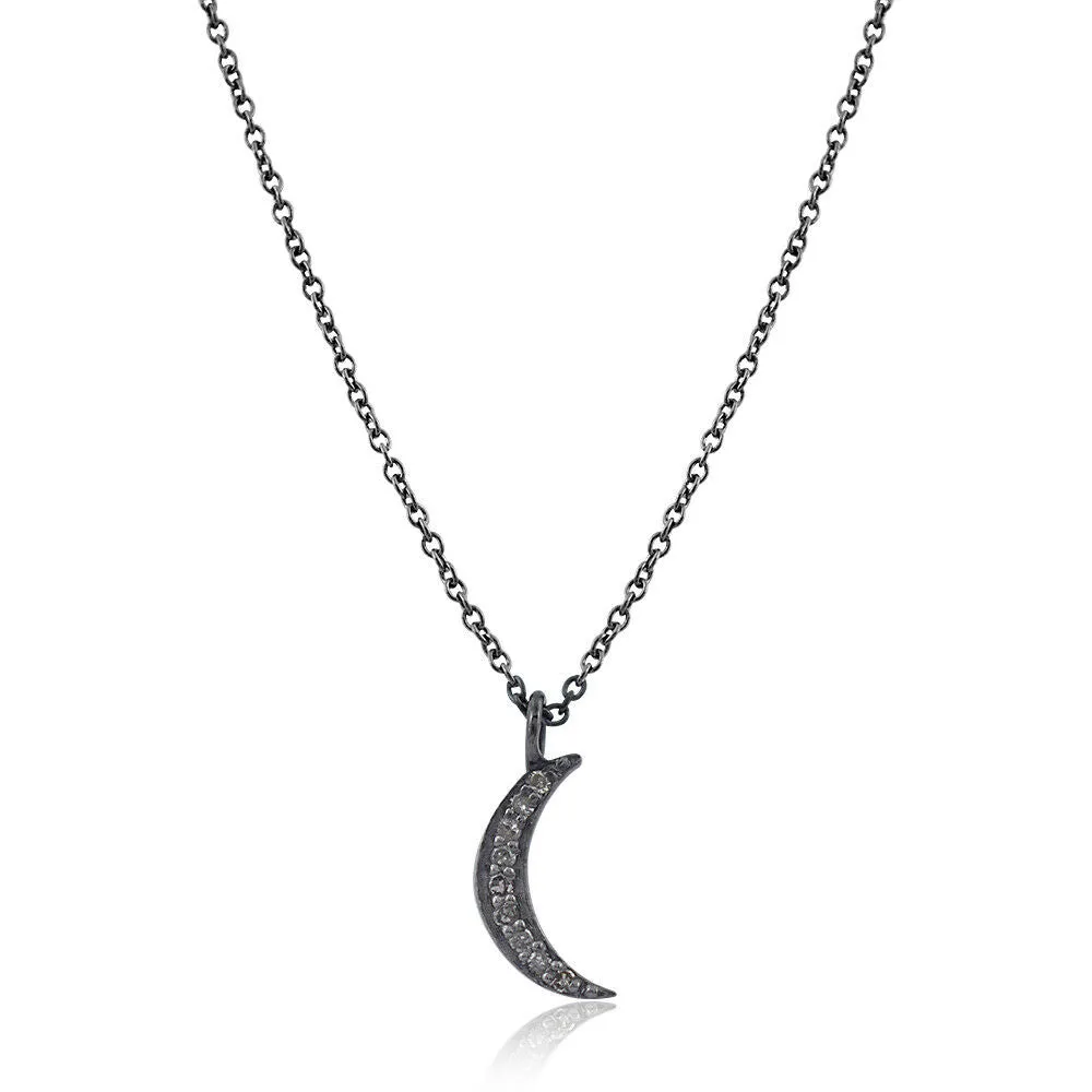 Genuine Pave Diamond 925 Silver 18" Chian Half Moon Pendant Jewelry NEMJ-230
