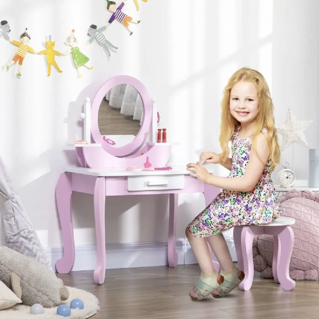 Girls Dressing Table with Mirror and Stool | Vanity Unit with Drawer | Pink & White | 3-6 Years