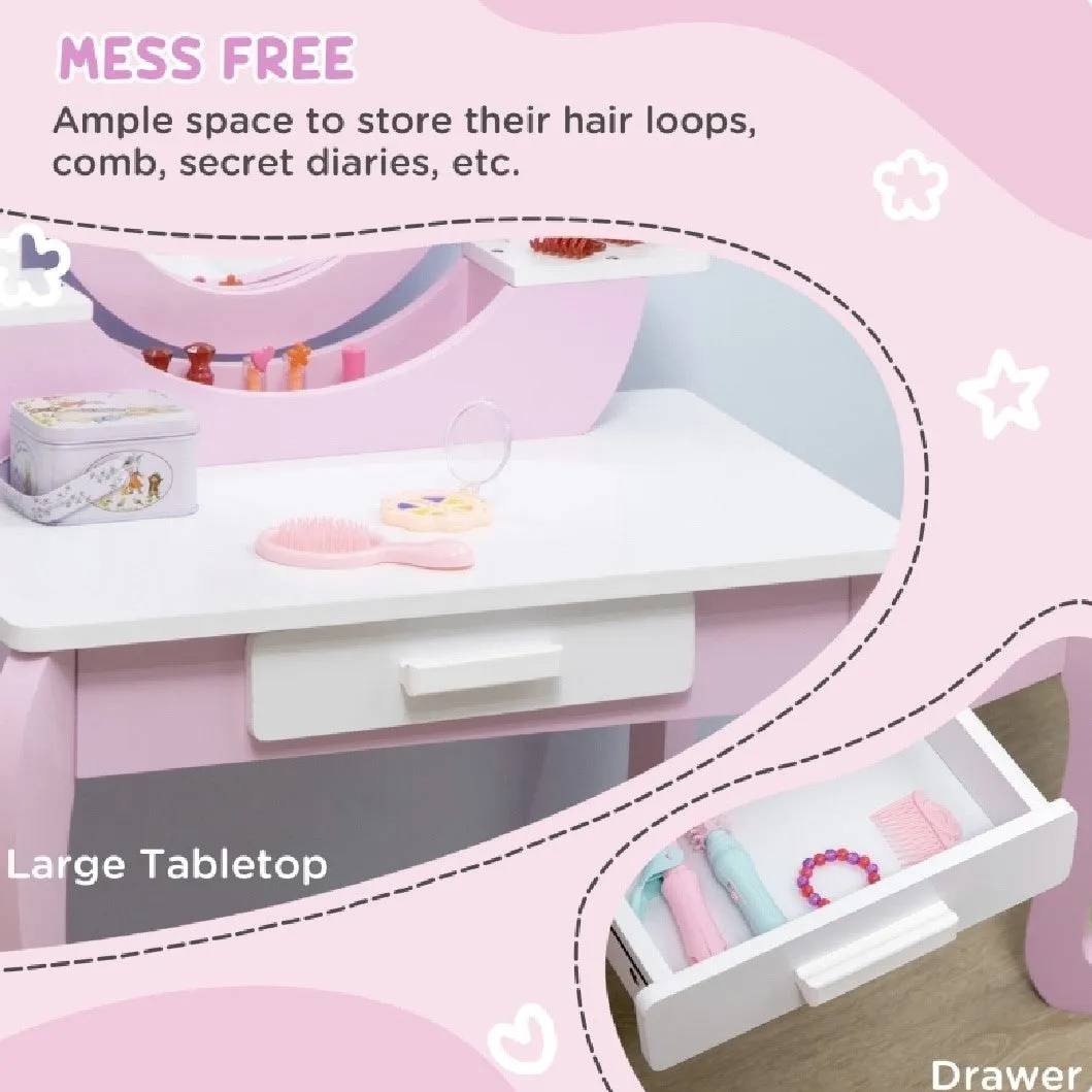Girls Dressing Table with Mirror and Stool | Vanity Unit with Drawer | Pink & White | 3-6 Years
