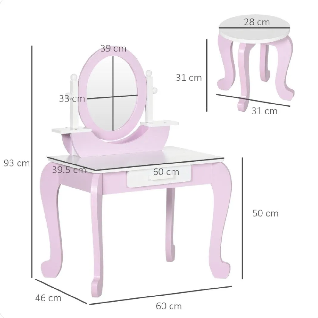 Girls Dressing Table with Mirror and Stool | Vanity Unit with Drawer | Pink & White | 3-6 Years