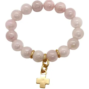 Glazed Rose Quartz Bracelet With Matte Gold Cross Charm