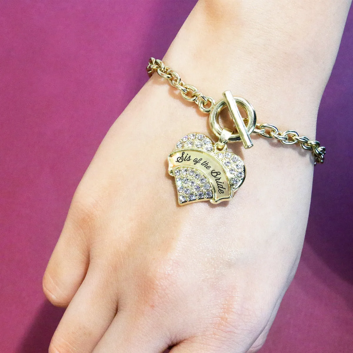 Gold Clear Sis of the Bride Pave Heart Charm Toggle Bracelet