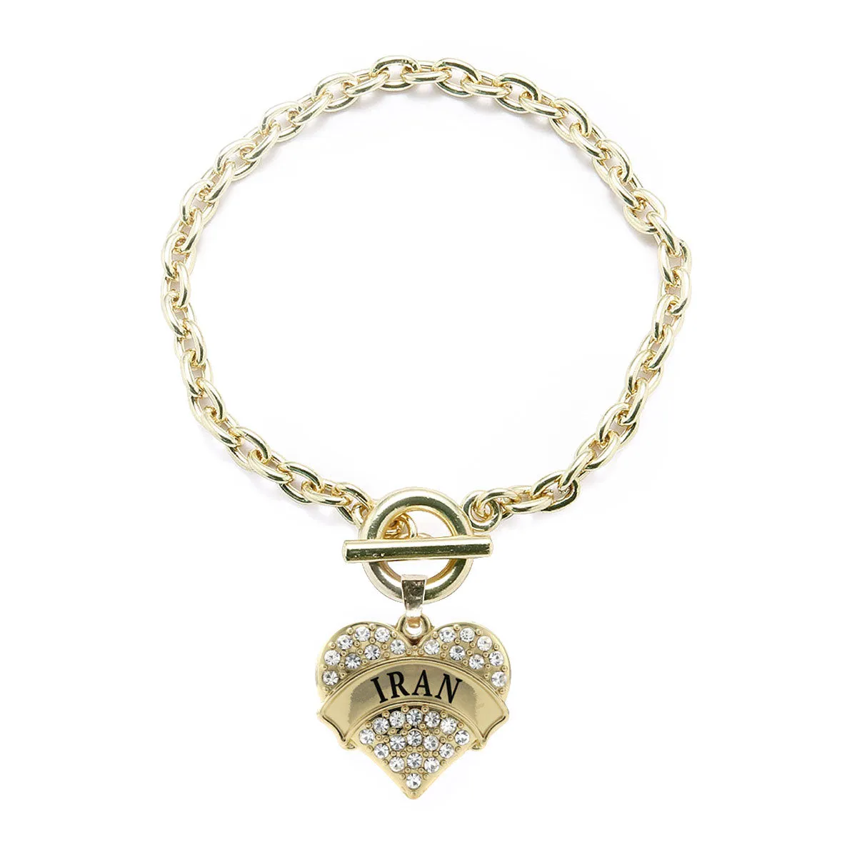 Gold Iran Pave Heart Charm Toggle Bracelet