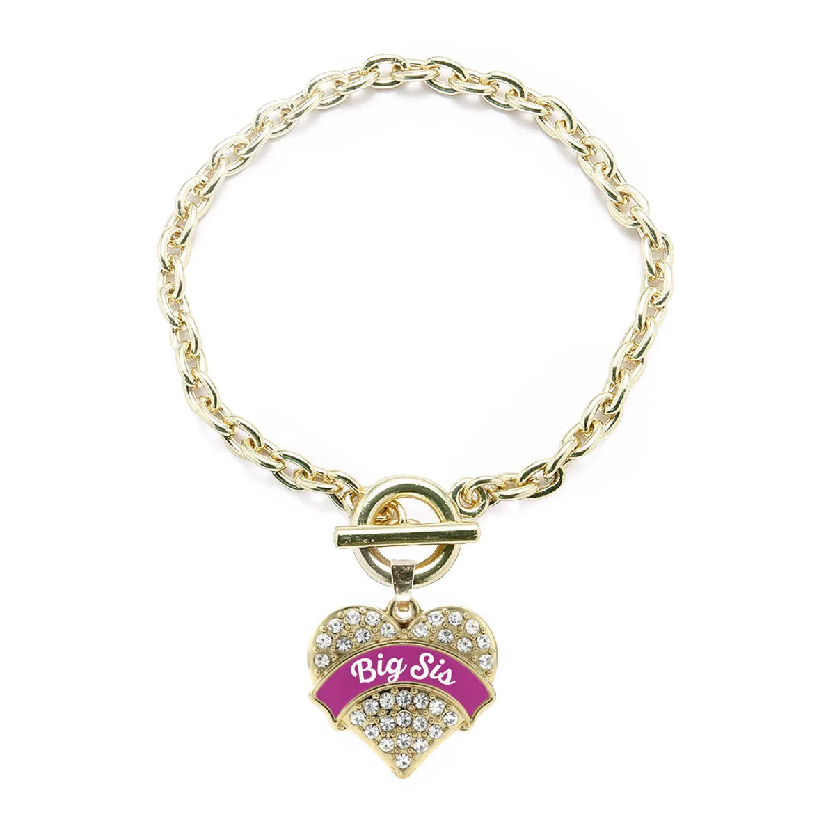 Gold Magenta Big Sister Pave Heart Charm Toggle Bracelet