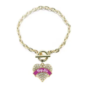 Gold Magenta Big Sister Pave Heart Charm Toggle Bracelet