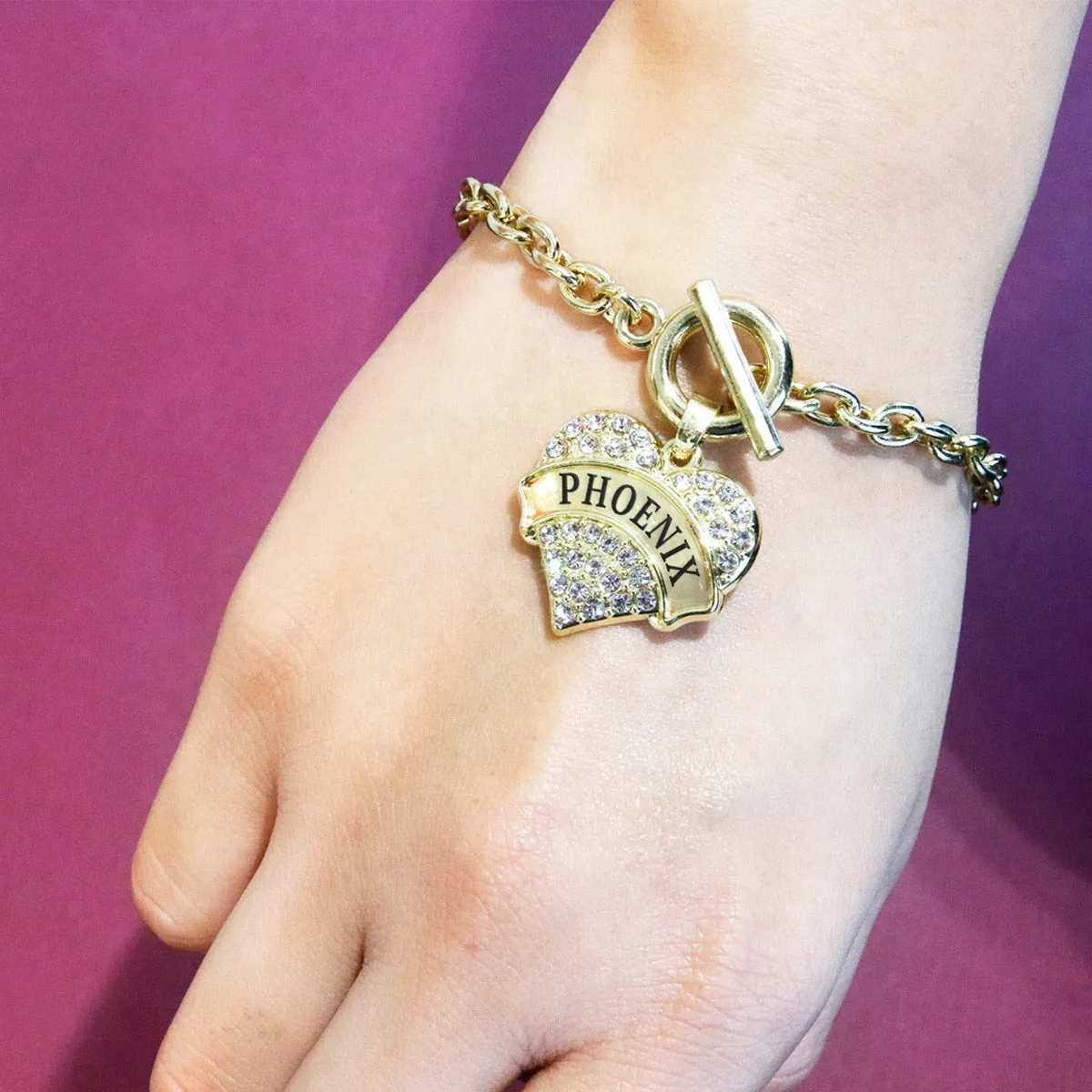 Gold Phoenix Pave Heart Charm Toggle Bracelet