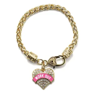 Gold Pink Work Out Pave Heart Charm Braided Bracelet