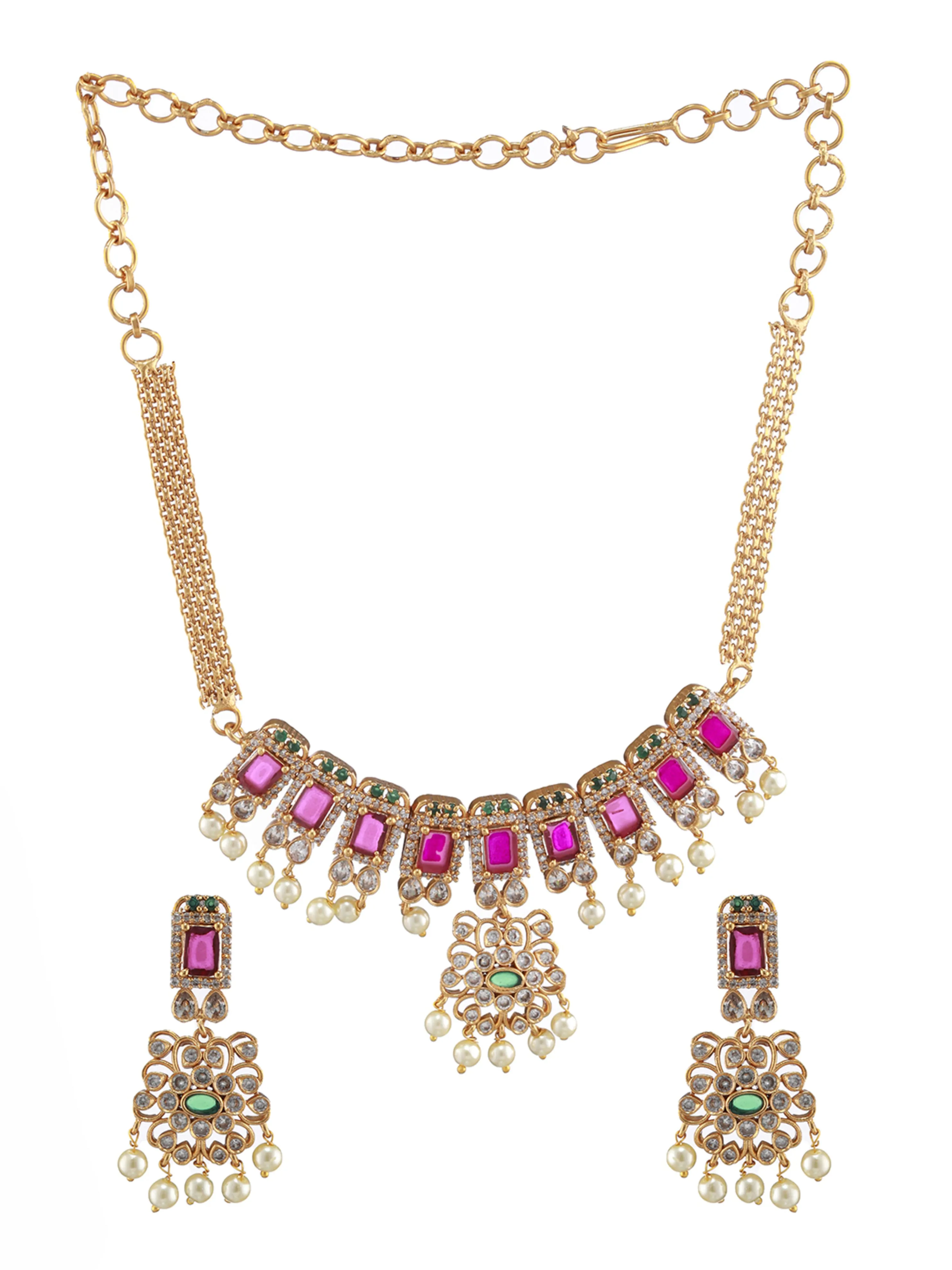 Gold-Plated American Diamond Studded Ruby & Emerald Stone Temple Choker Jewellery Set
