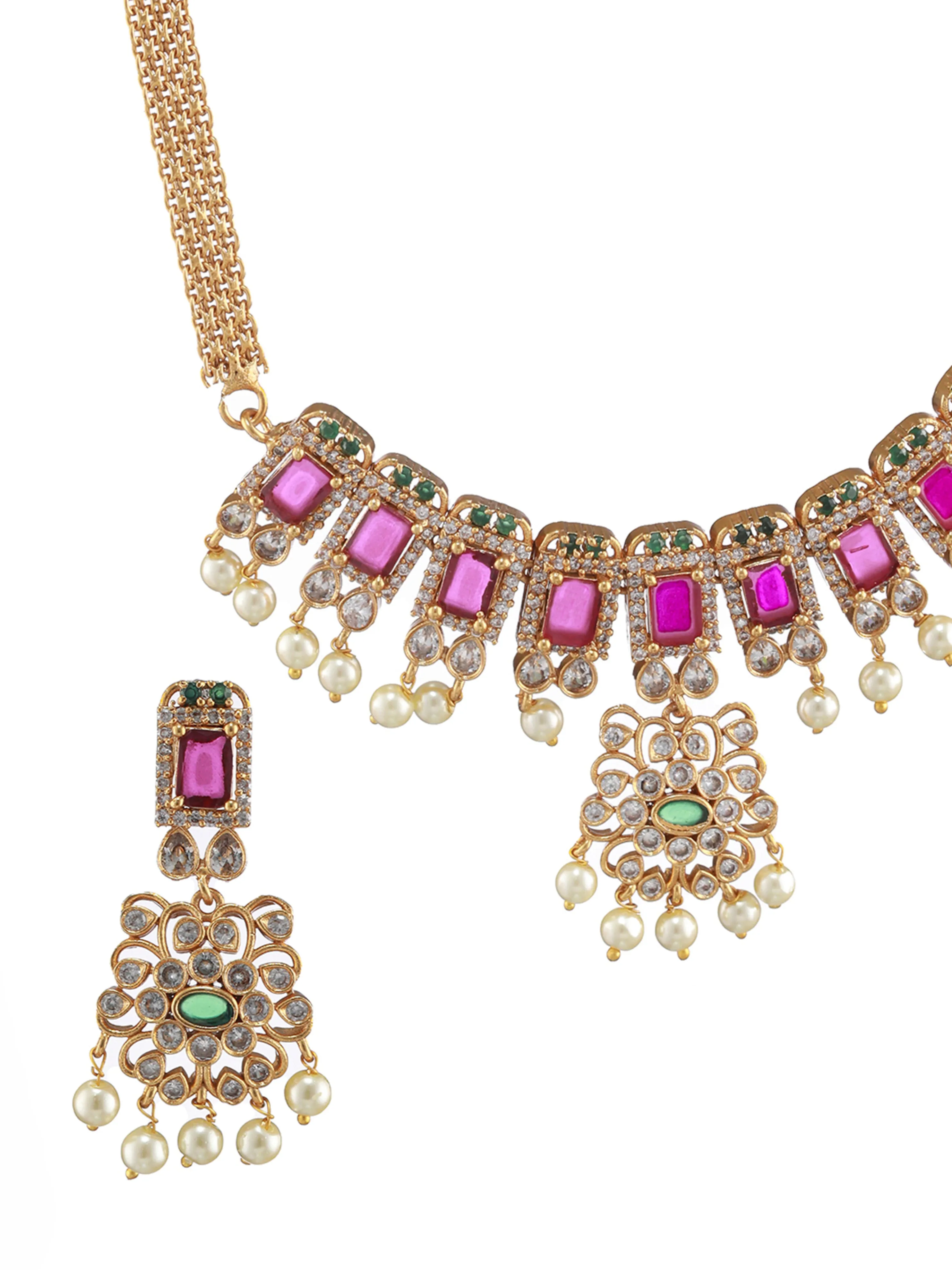 Gold-Plated American Diamond Studded Ruby & Emerald Stone Temple Choker Jewellery Set