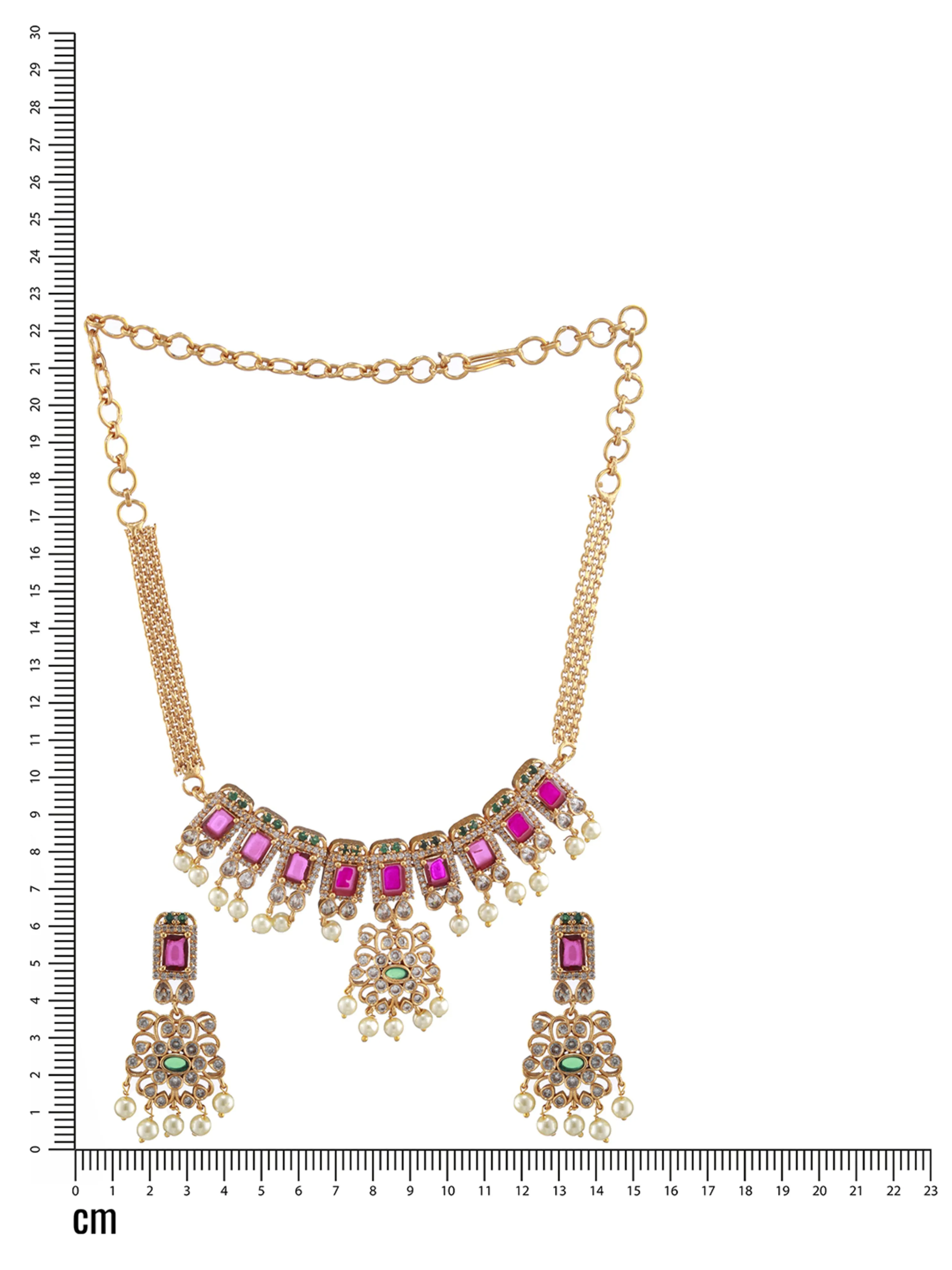Gold-Plated American Diamond Studded Ruby & Emerald Stone Temple Choker Jewellery Set