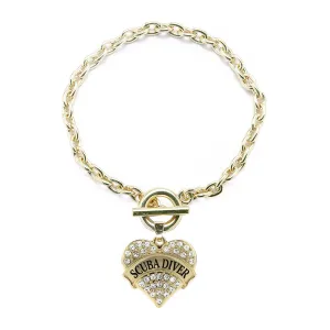 Gold Scuba Diver Pave Heart Charm Toggle Bracelet