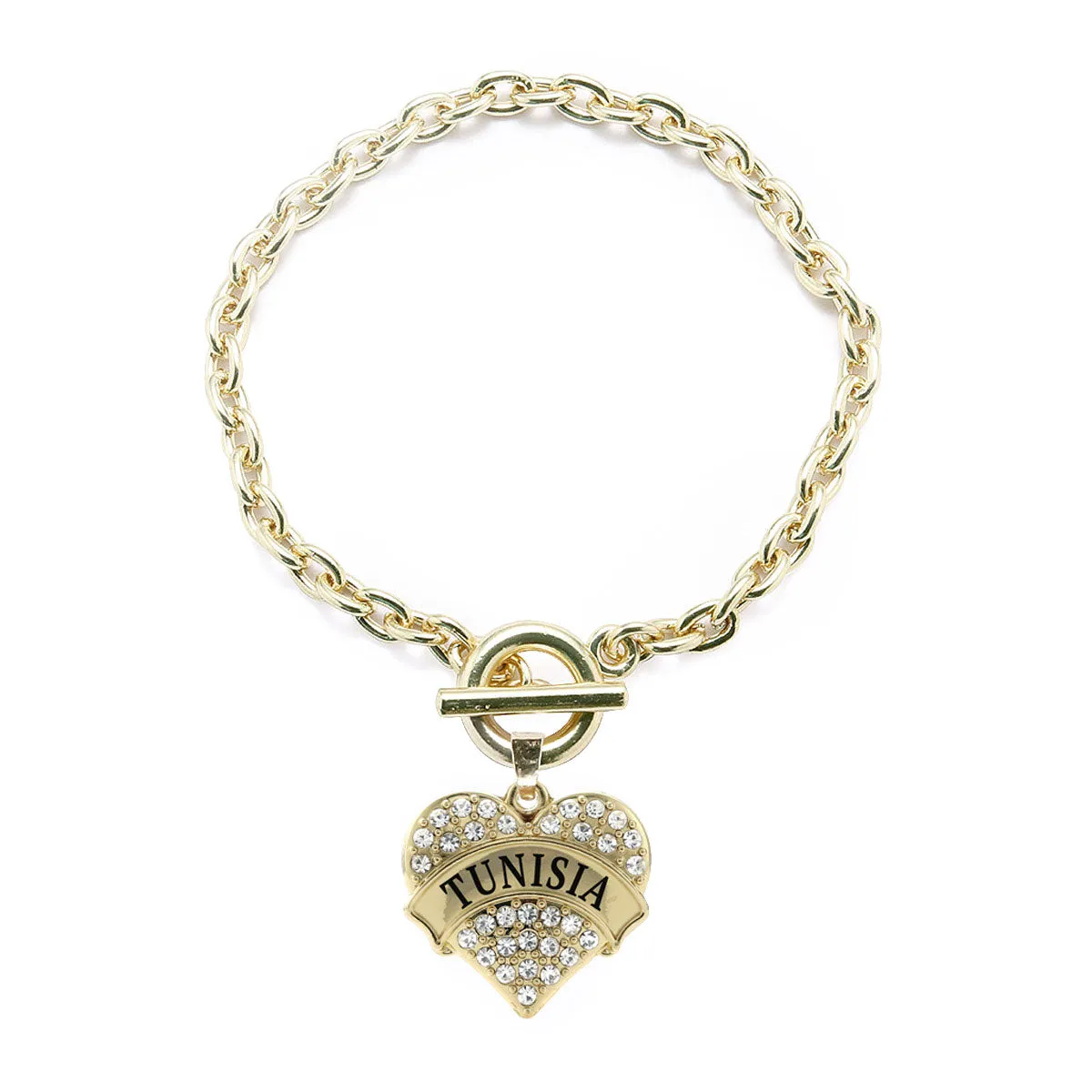 Gold Tunisia Pave Heart Charm Toggle Bracelet