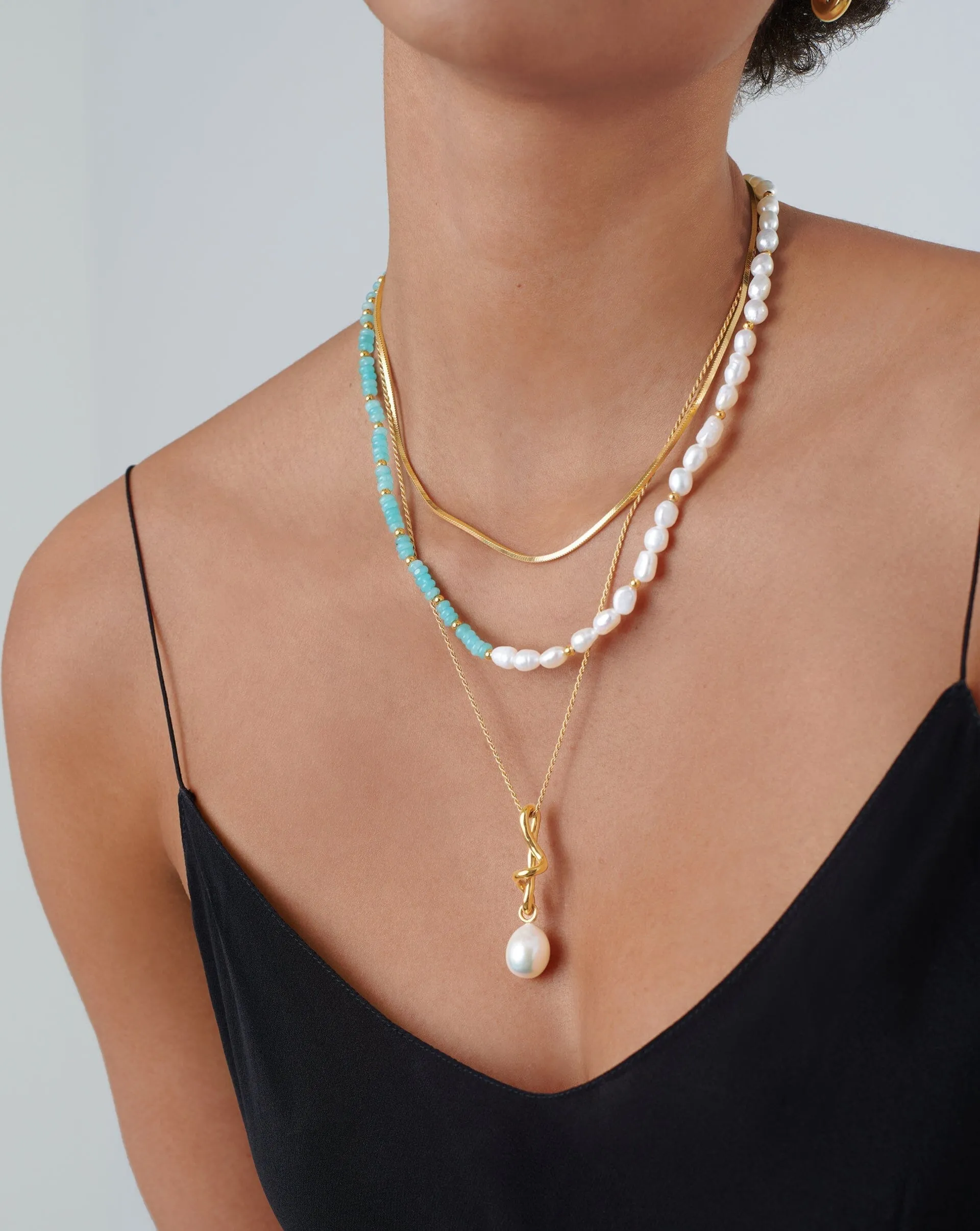 Good Vibes Pearl Beaded Medium Necklace | 18ct Gold Plated/Pearl & Turquoise Quartzite
