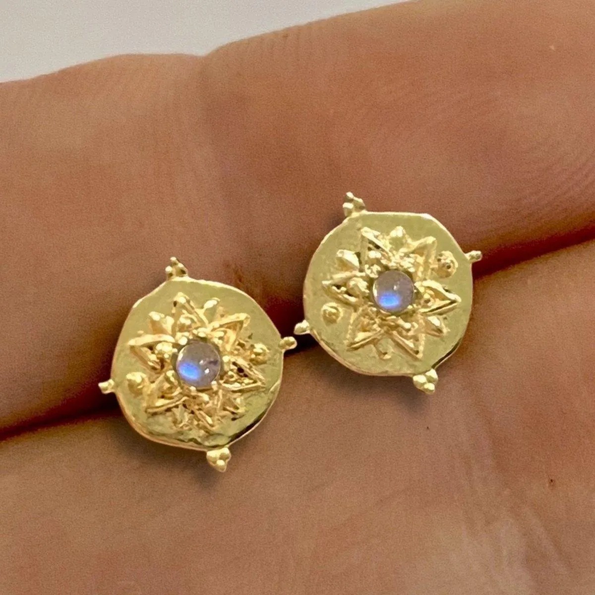 Intricate Vera May Gold Moonstone Stud Earrings