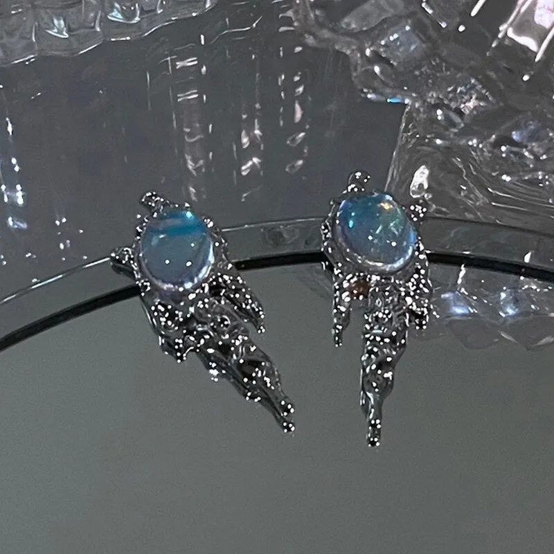 Irregular Liquid Metal Cross Moonstone Dangle Earrings Young Girl Trend Metal Cross Moonstone Drops Earrings Jewelry Wholesale