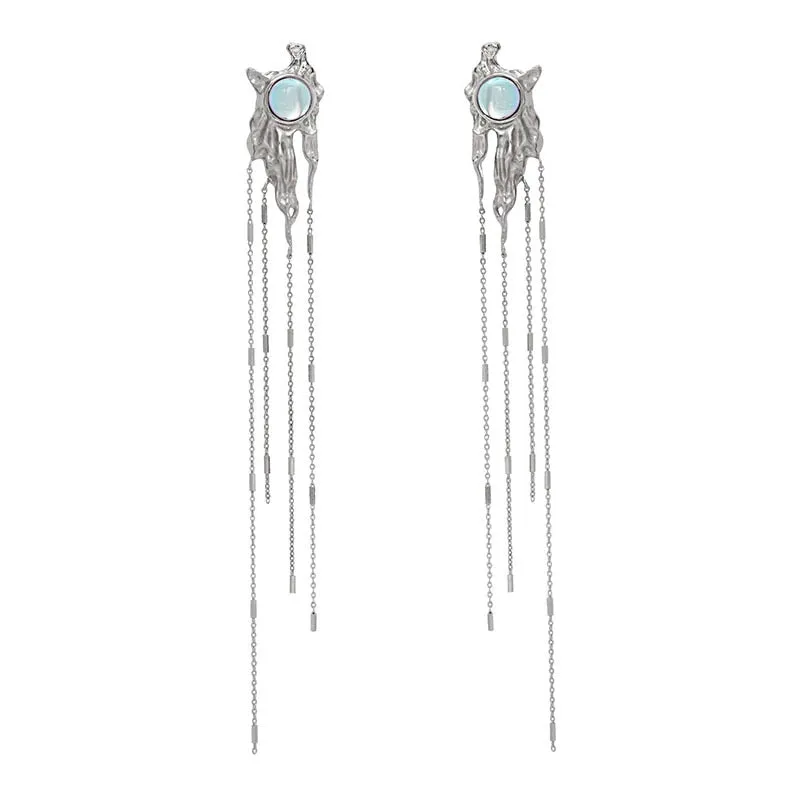 Irregular Liquid Metal Cross Moonstone Dangle Earrings Young Girl Trend Metal Cross Moonstone Drops Earrings Jewelry Wholesale