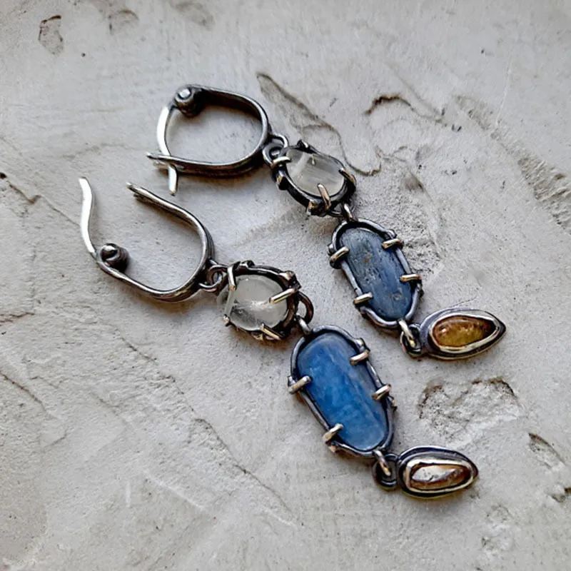 Irregular Liquid Metal Cross Moonstone Dangle Earrings Young Girl Trend Metal Cross Moonstone Drops Earrings Jewelry Wholesale