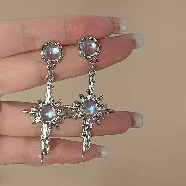 Irregular Liquid Metal Cross Moonstone Dangle Earrings Young Girl Trend Metal Cross Moonstone Drops Earrings Jewelry Wholesale