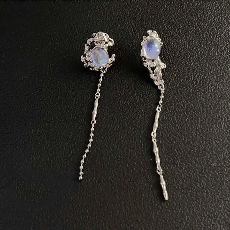 Irregular Liquid Metal Cross Moonstone Dangle Earrings Young Girl Trend Metal Cross Moonstone Drops Earrings Jewelry Wholesale