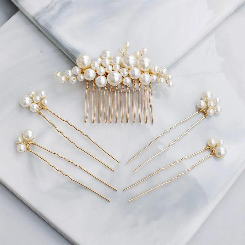 Isla Gold Pearl Wedding Hair Pins (Set of 5)