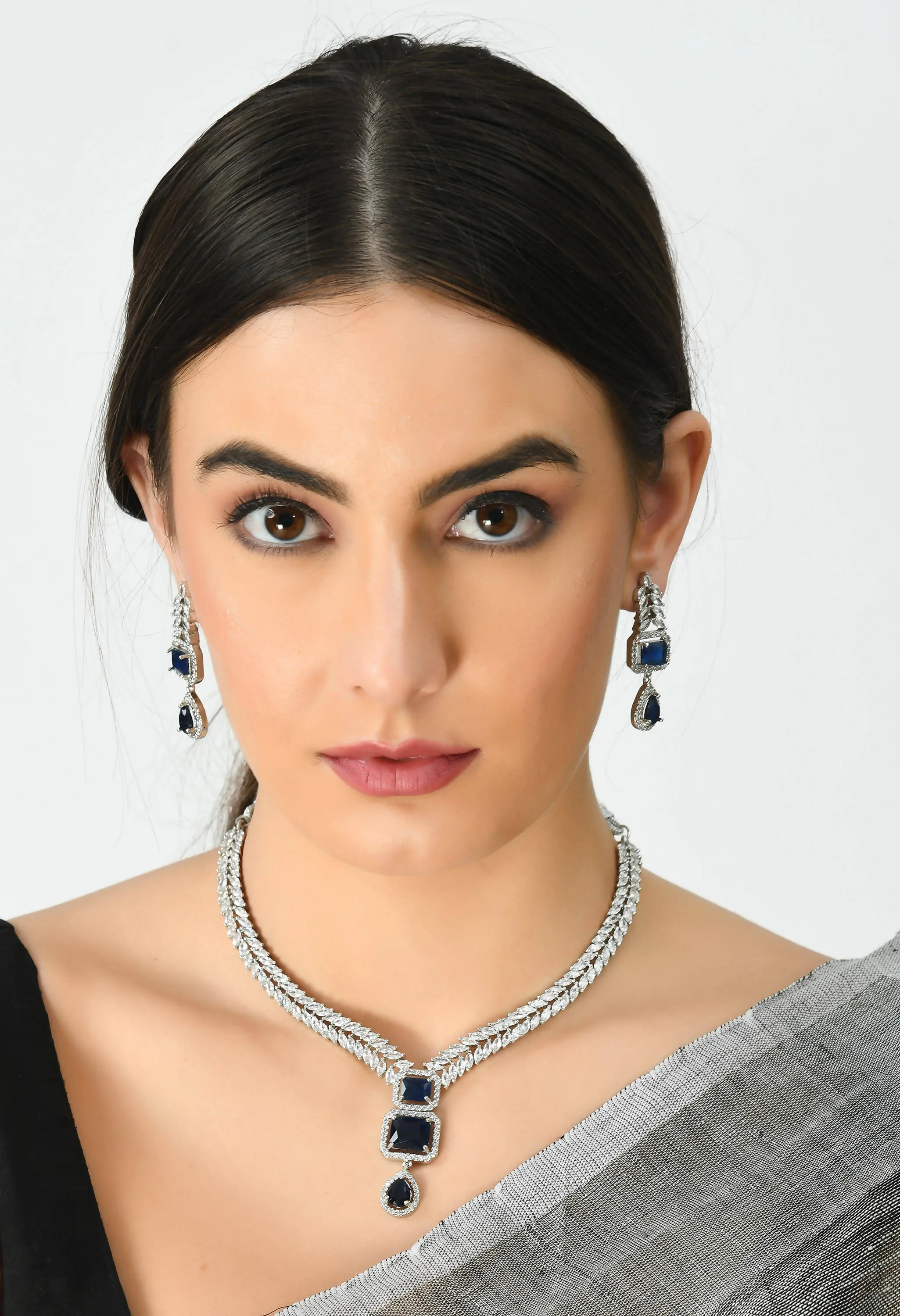 Kamal Johar American Diamond Silver-Plated Blue Ruby Jewellery Set Jkms_039