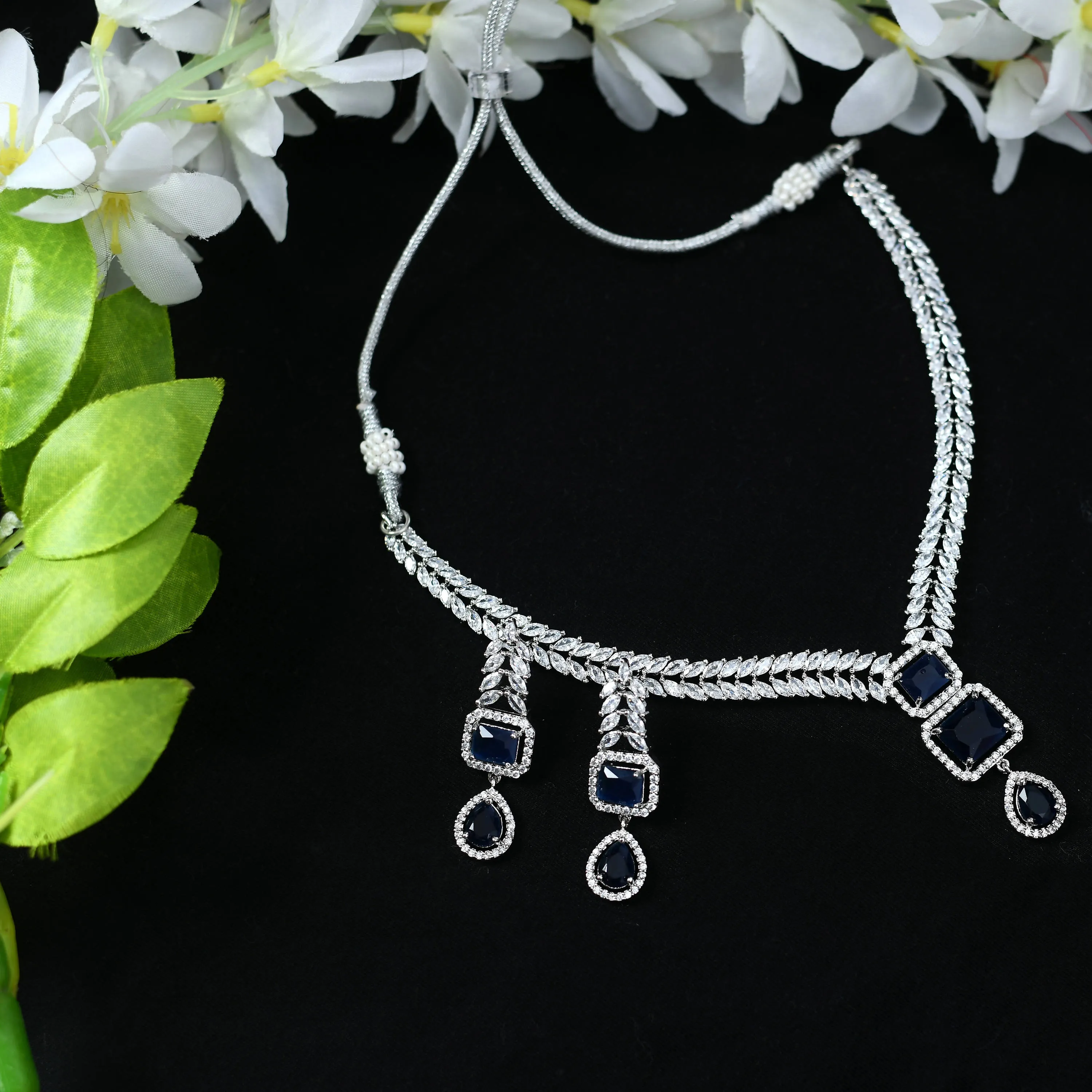 Kamal Johar American Diamond Silver-Plated Blue Ruby Jewellery Set Jkms_039