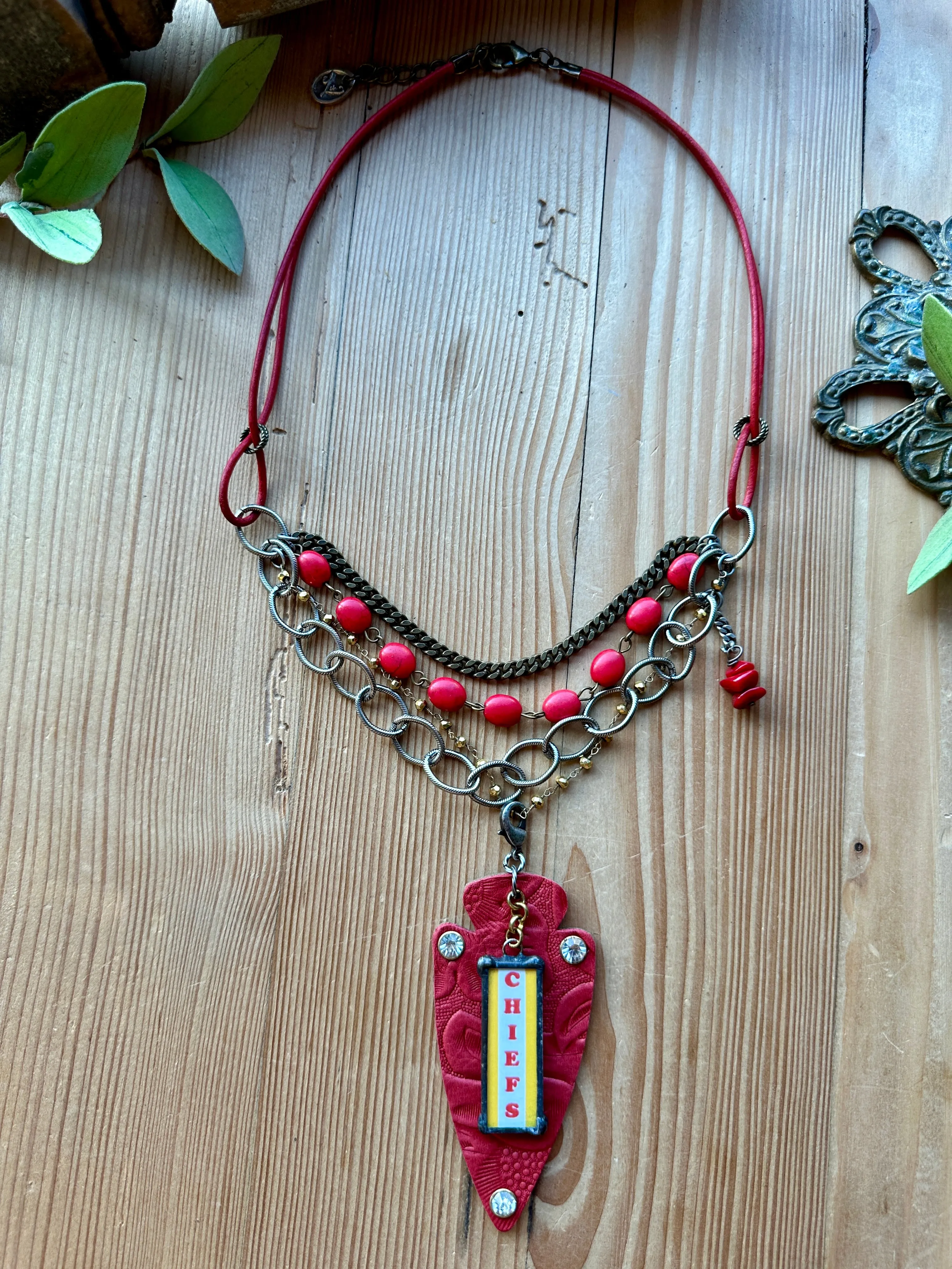 KC Chiefs Red Leather Arrowhead Pendant